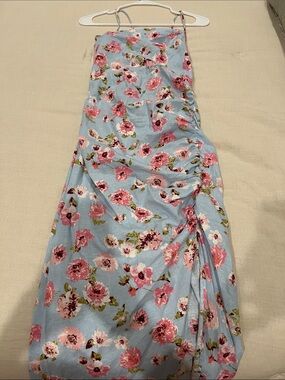 ZARA Light Blue Floral Smocked Sun Dress with Pink Blossoms